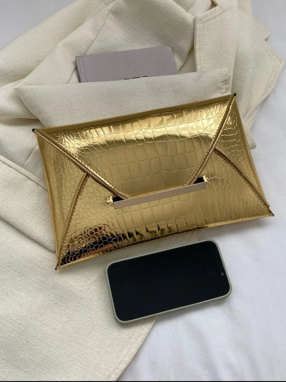 Gold Croc-Embossed Envelope Clutch